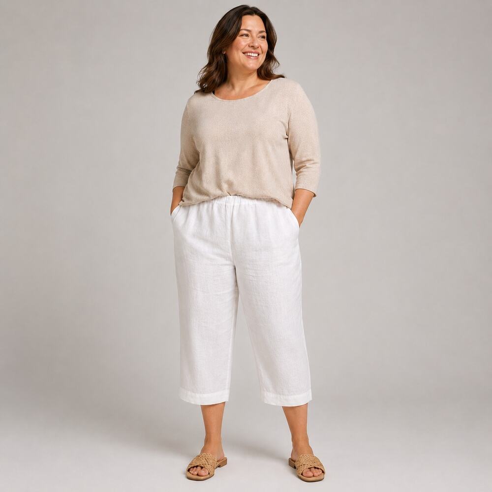 J.Jill Pure Jill 100% Linen Crop Pants White Pull On Size L Petite‎ Coastal